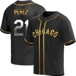 Men's Replica Black Golden Carlos Perez Chicago White Sox Alternate Jersey